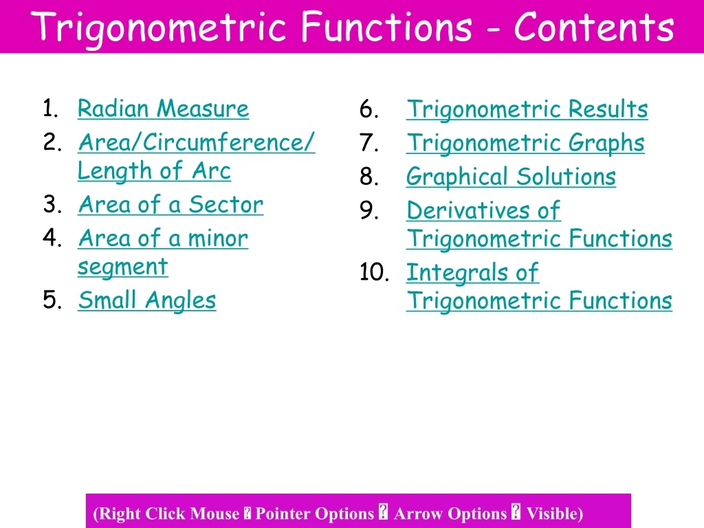 trigonometric functions contents