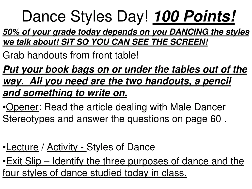 dance styles day 100 points