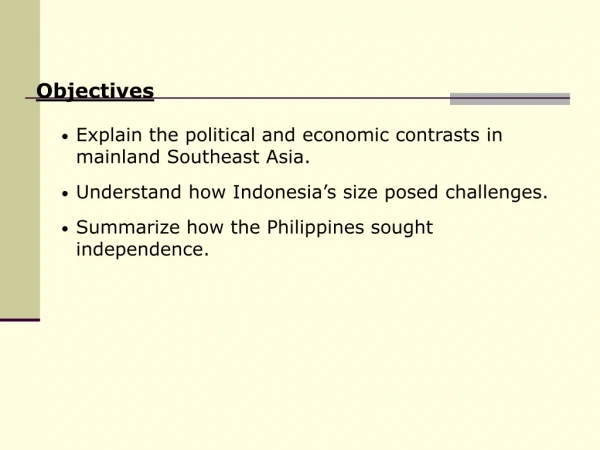 Explain the political and economic contrasts in mainland Southeast Asia.