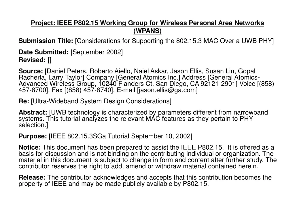 project ieee p802 15 working group for wireless personal area networks wpans