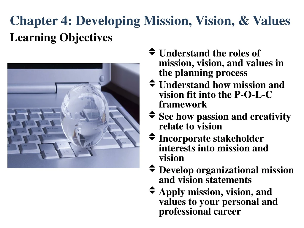 chapter 4 developing mission vision values learning objectives