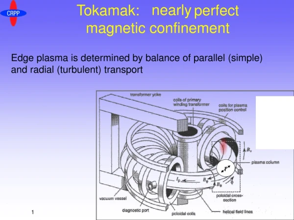 Tokamak:		perfect  magnetic confinement