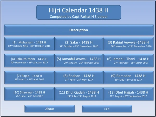 Hijri Calendar 1438 H Computed by Capt Farhat N Siddiqui