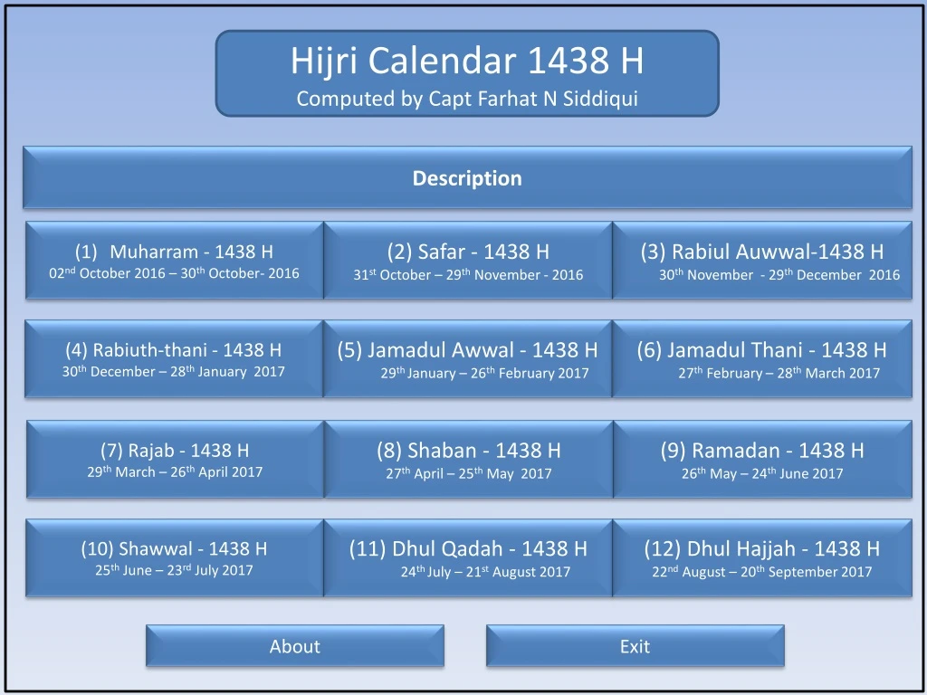 hijri calendar 1438 h computed by capt farhat