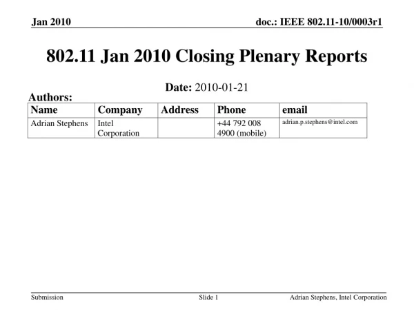 802.11 Jan 2010 Closing Plenary Reports