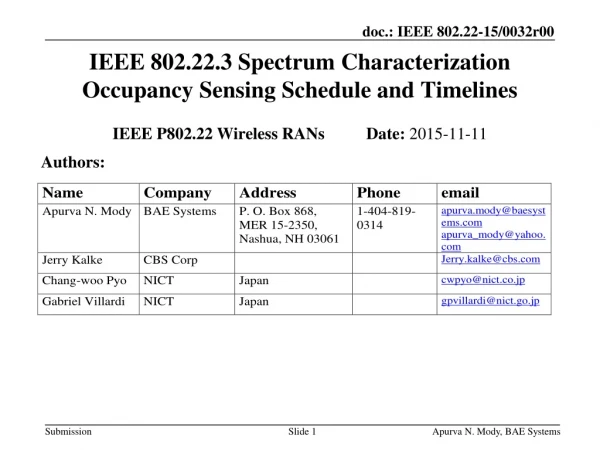 IEEE 802.22.3 Spectrum Characterization Occupancy Sensing Schedule and Timelines