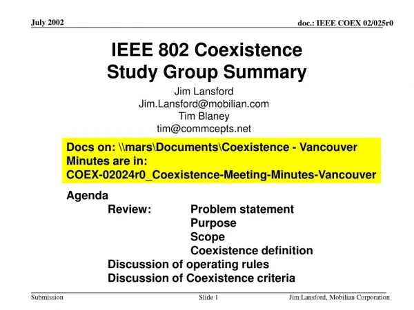 IEEE 802 Coexistence Study Group Summary