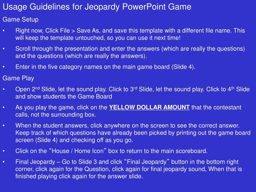 usage guidelines for jeopardy powerpoint game