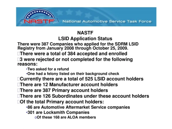 NASTF  LSID Application Status