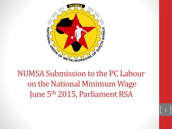NUMSA  Submission to the PC Labour on the  National Minimum Wage June 5 th  2015, Parliament RSA