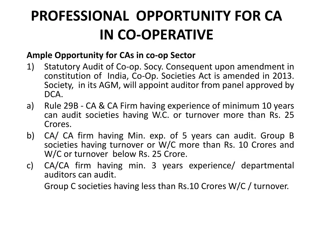 professional opportunity for ca in co operative