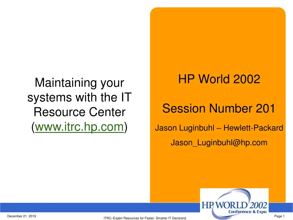 hp world 2002 session number 201 jason luginbuhl hewlett packard jason luginbuhl@hp com
