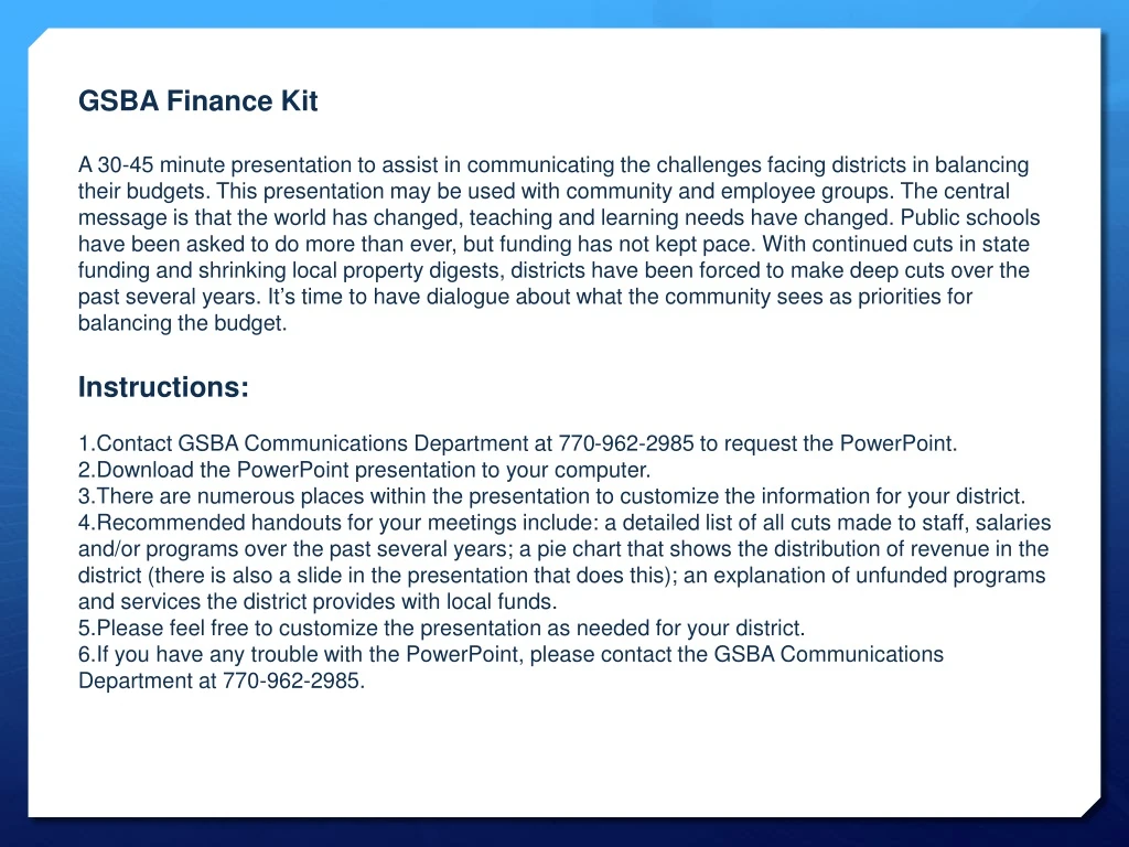 gsba finance kit a 30 45 minute presentation