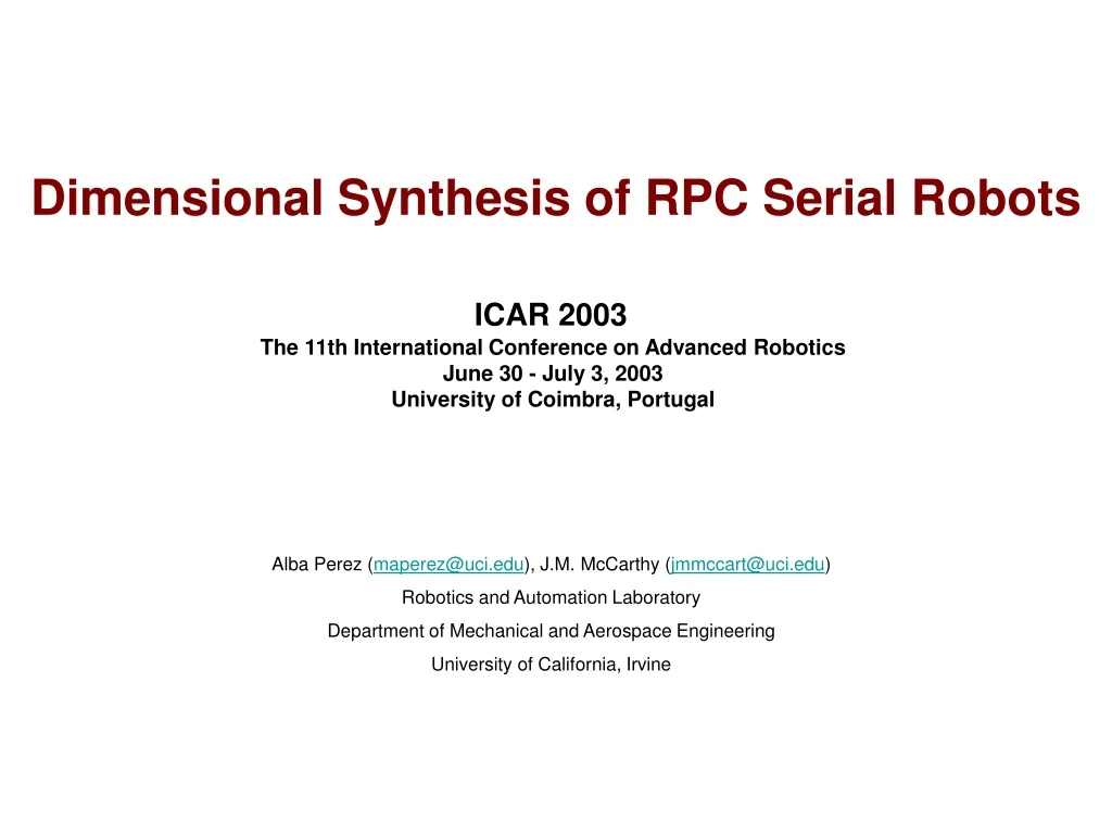 dimensional synthesis of rpc serial robots