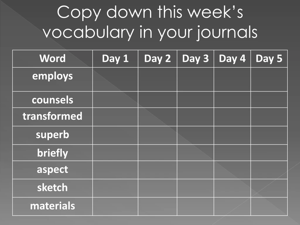 copy down this week s vocabulary in your journals