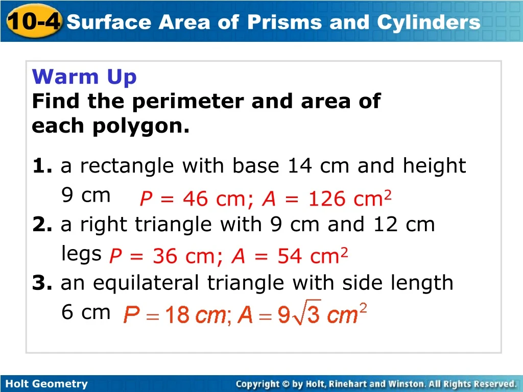 warm up find the perimeter and area of each