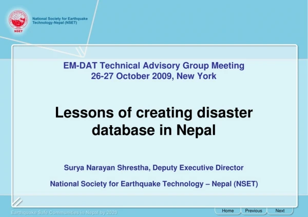 EM-DAT Technical Advisory Group Meeting 26-27 October 2009, New York