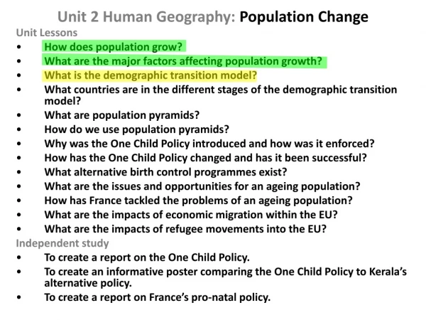 Unit 2 Human Geography:  Population Change