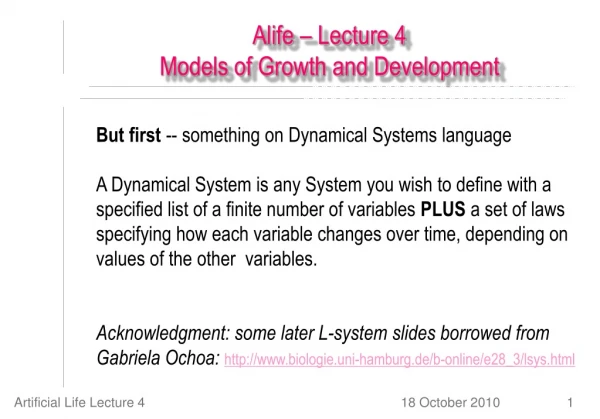 Alife – Lecture 4 Models of Growth and Development