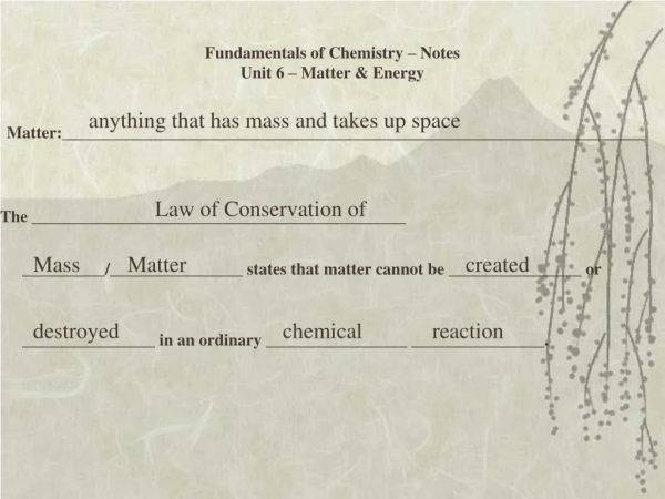 Fundamentals of Chemistry – Notes Unit 6 – Matter &amp; Energy