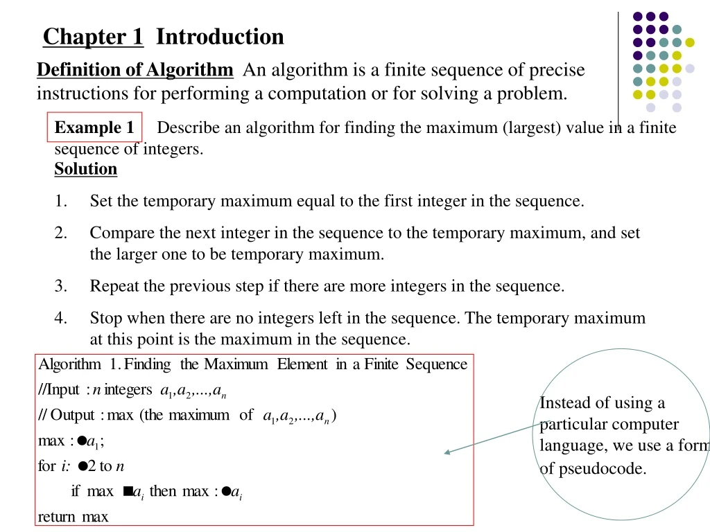 example 1 describe an algorithm for finding