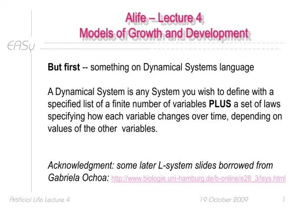 Alife – Lecture 4 Models of Growth and Development