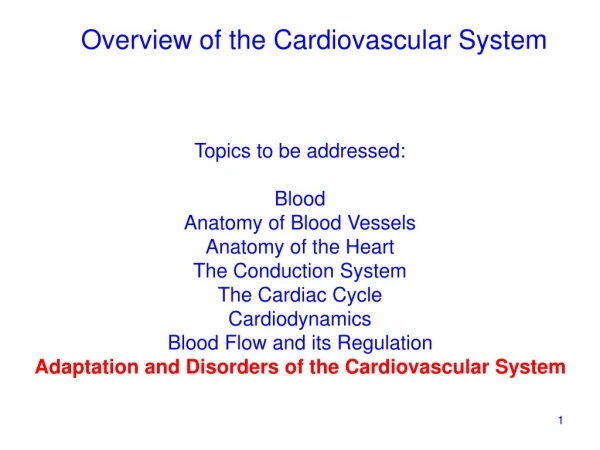 Topics to be addressed: Blood Anatomy of Blood Vessels Anatomy of the Heart The Conduction System