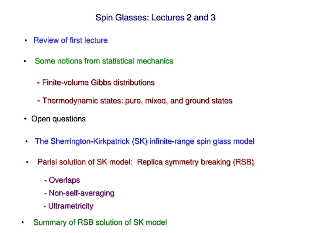 spin glasses lectures 2 and 3