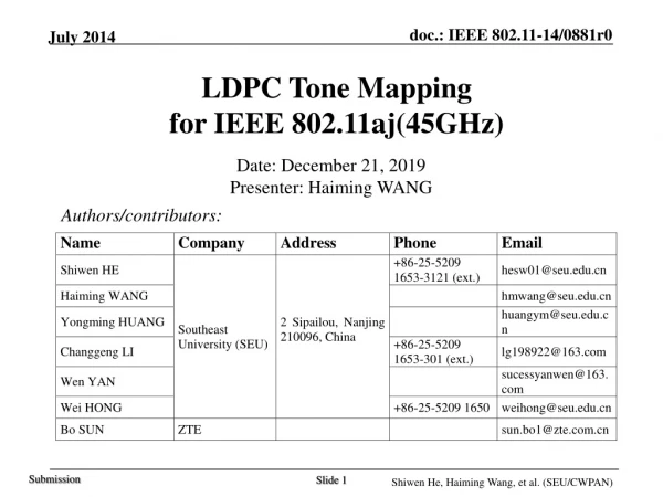 LDPC Tone Mapping  for IEEE 802.11aj(45GHz)