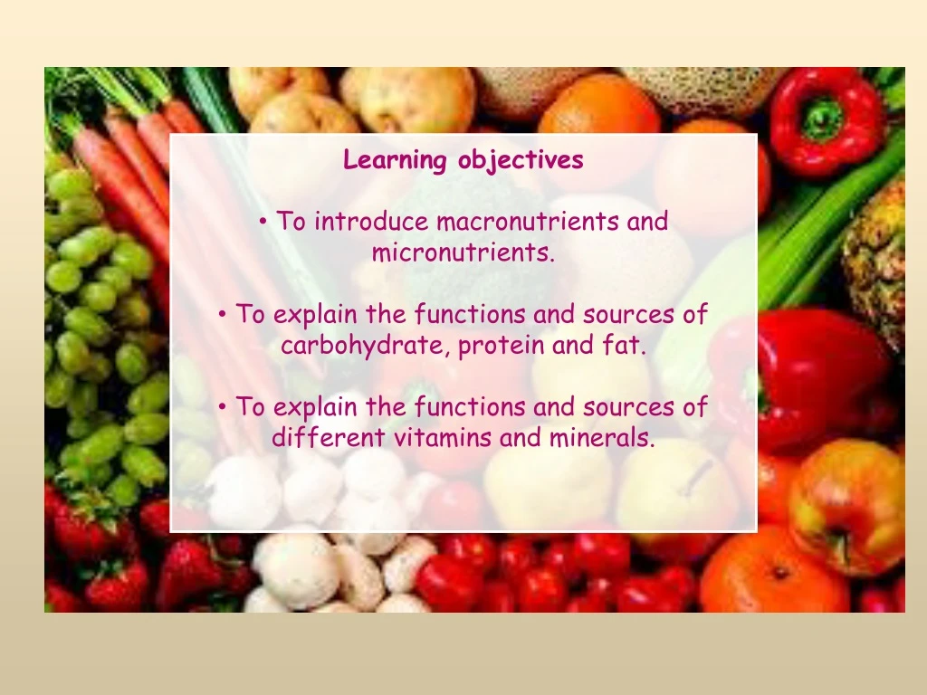 learning objectives to introduce macronutrients