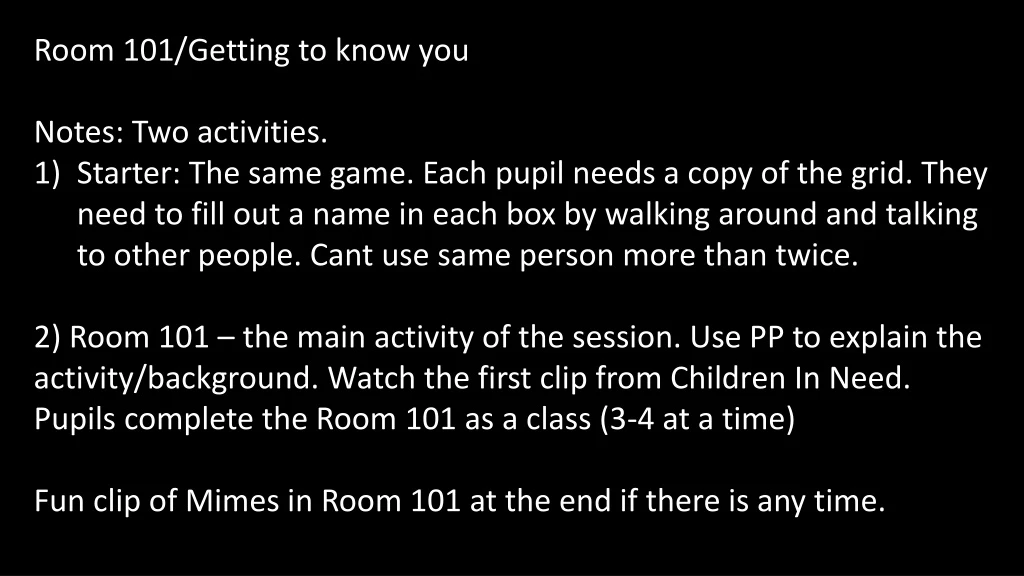 room 101 getting to know you notes two activities