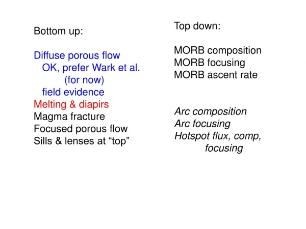 Bottom up: Diffuse porous flow    OK, prefer Wark et al. 	(for now)    field evidence