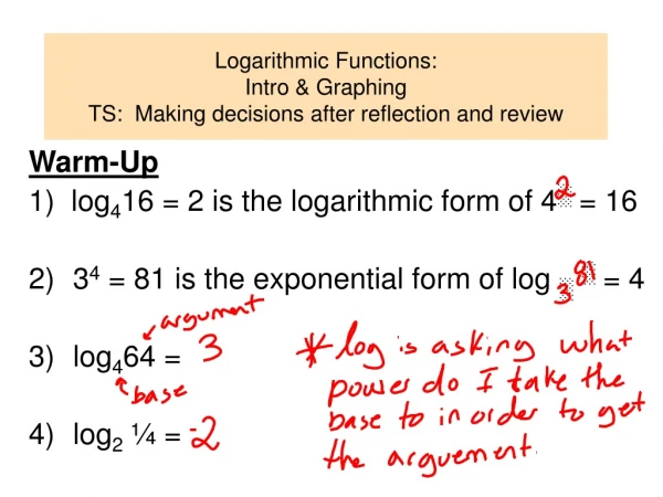 Logarithmic Functions:   Intro &amp; Graphing TS:  Making decisions after reflection and review
