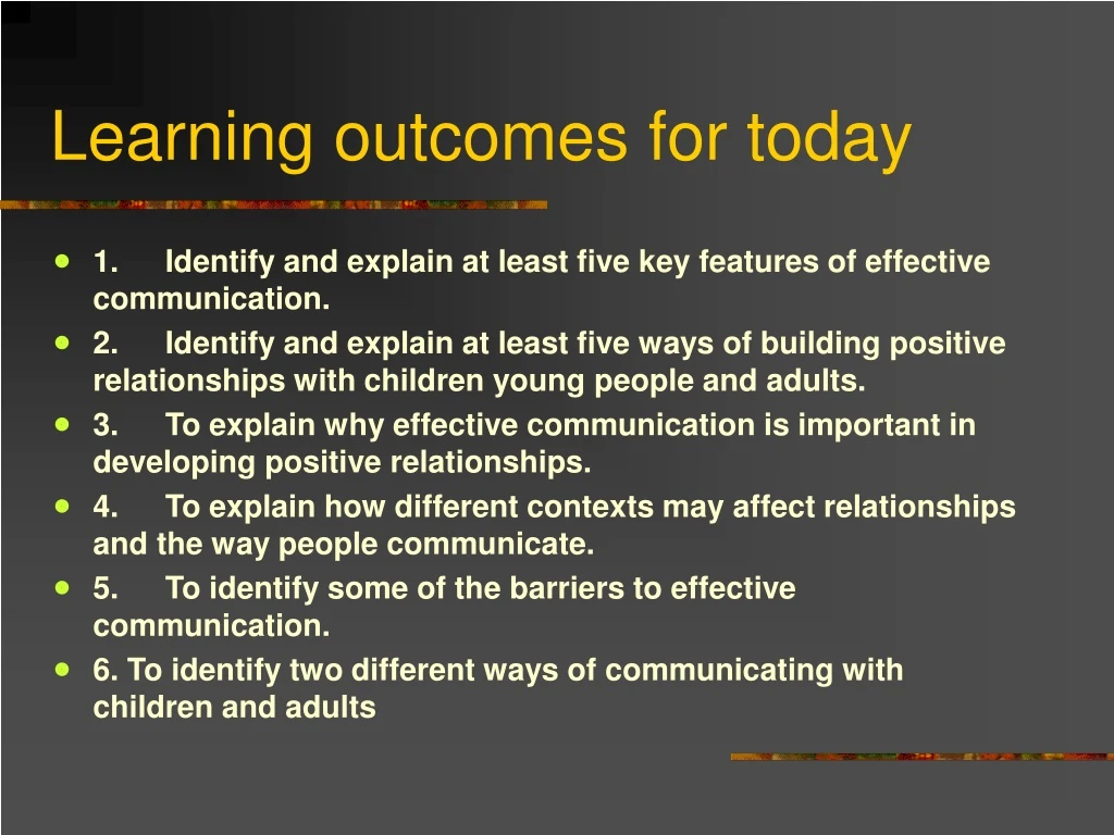 learning outcomes for today