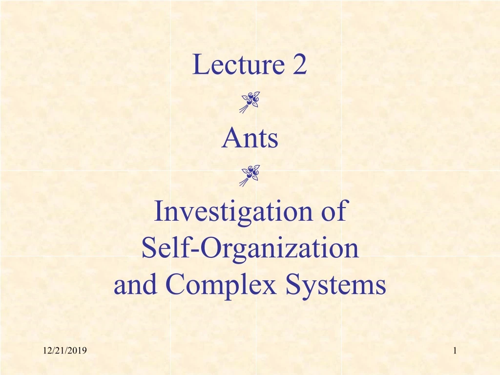 lecture 2 ants investigation of self organization and complex systems