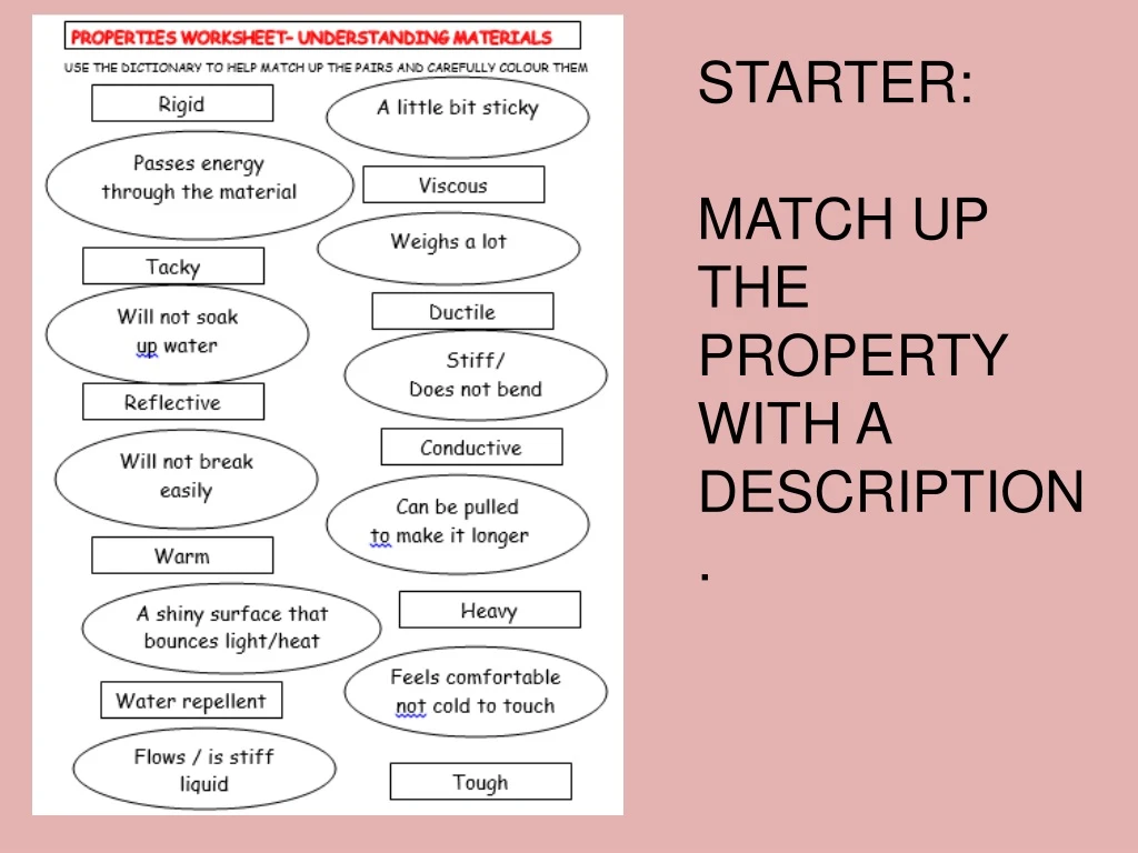 starter match up the property with a description