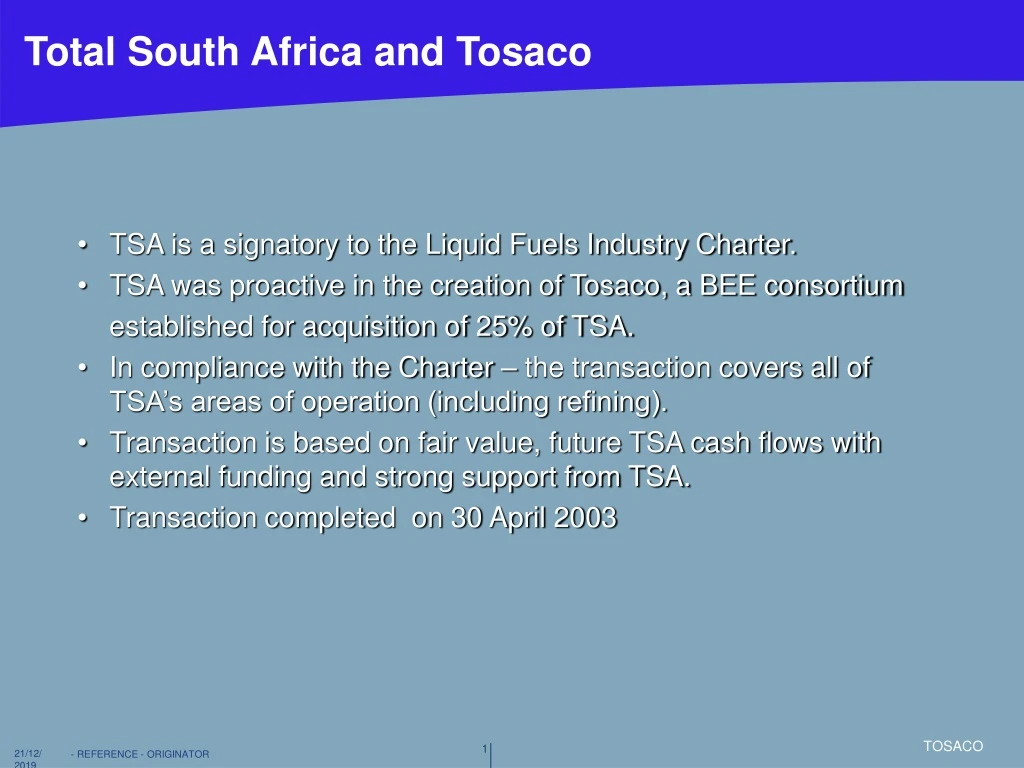 total south africa and tosaco