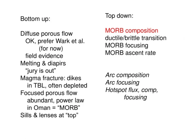 Bottom up: Diffuse porous flow    OK, prefer Wark et al. 	(for now)    field evidence
