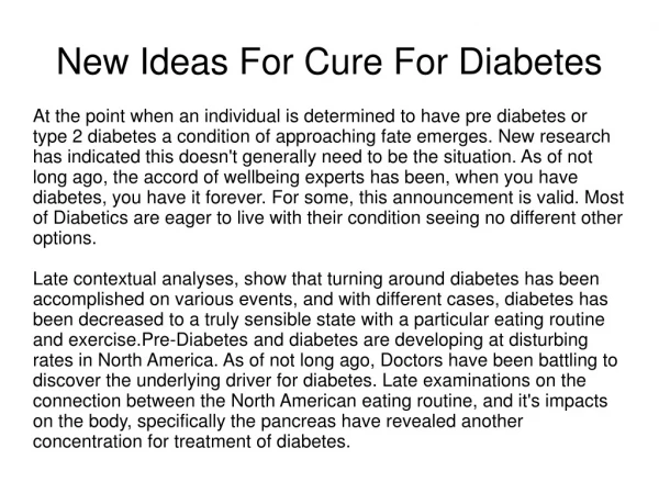 New Ideas For Cure For Diabetes
