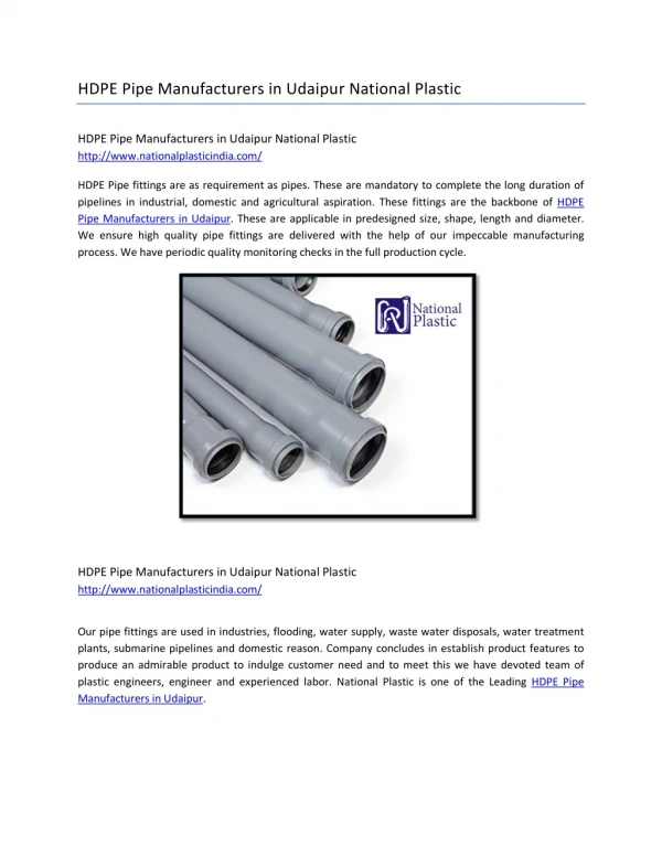 HDPE Pipe Manufacturers in Udaipur National Plastic