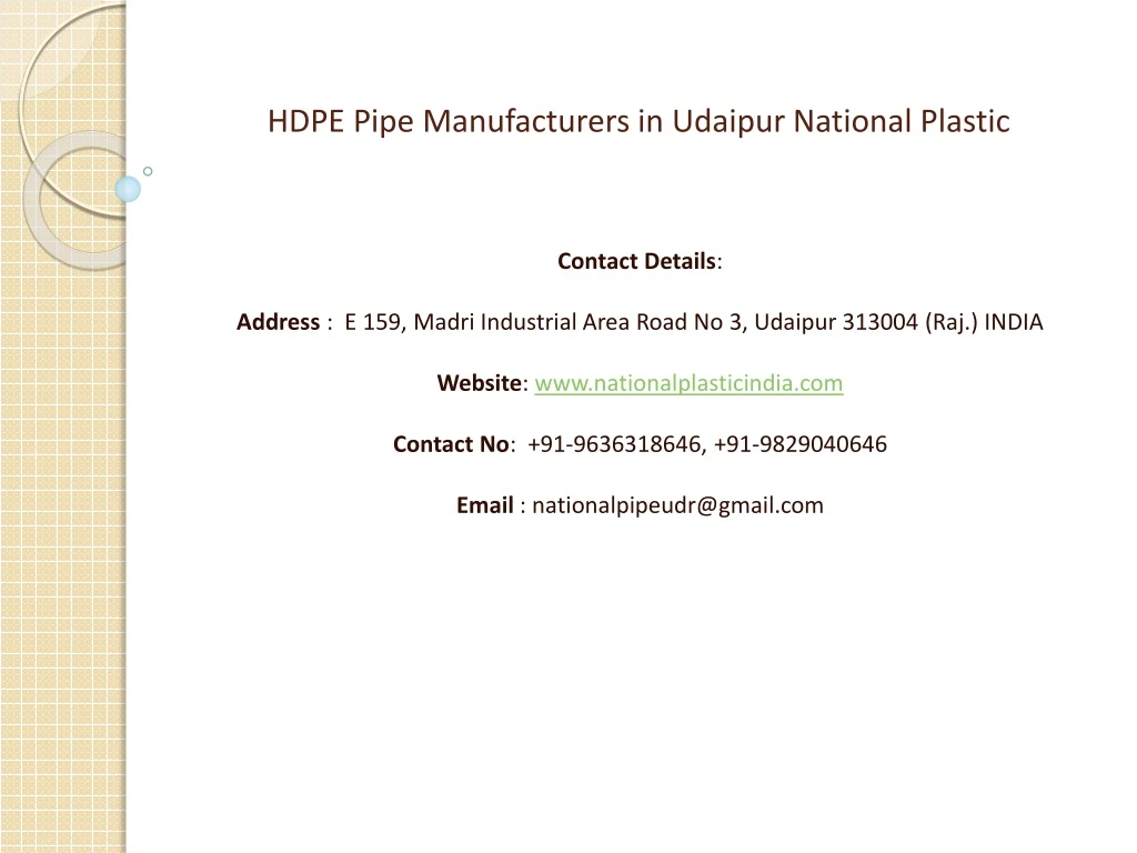hdpe pipe manufacturers in udaipur national plastic