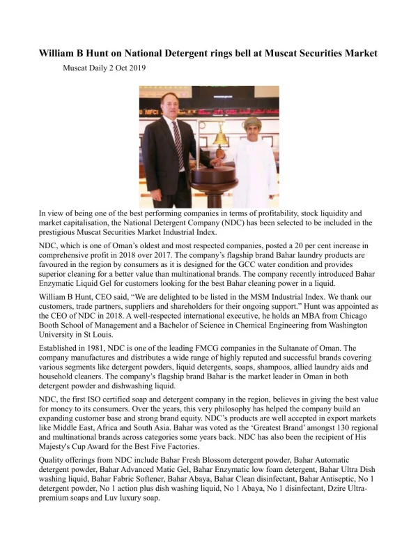 William B Hunt Rings the Bell for NDC at Muscat Securities Market