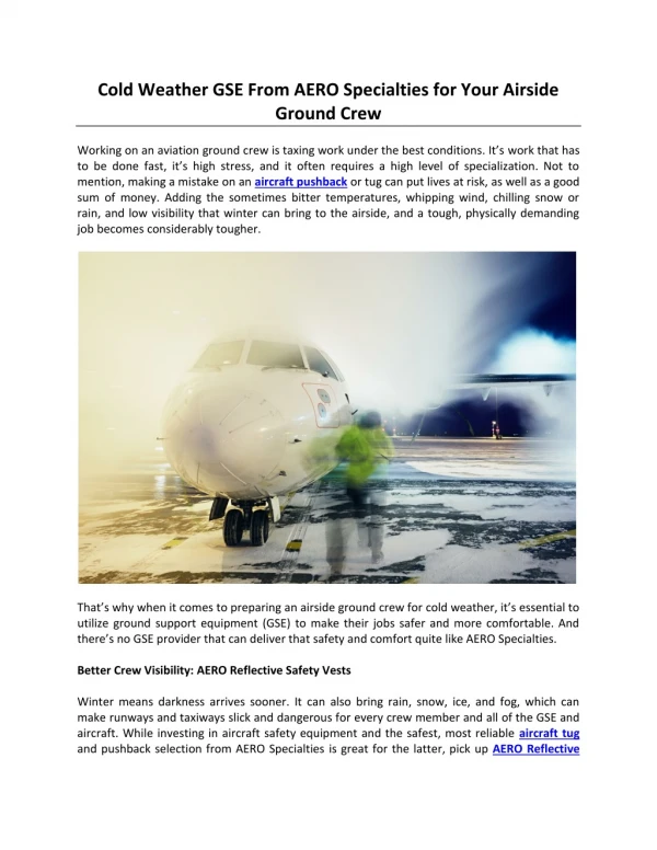 Cold Weather GSE From AERO Specialties for Your Airside Ground Crew