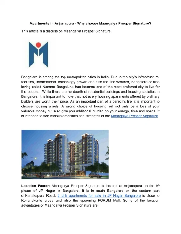 Apartments in Anjanapura - Why choose Maangalya Prosper Signature?