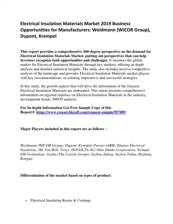 Electrical Insulation Materials Market 2019 Business Opportunities for Manufacturers: Weidmann (WICOR Group), Dupont, Kr