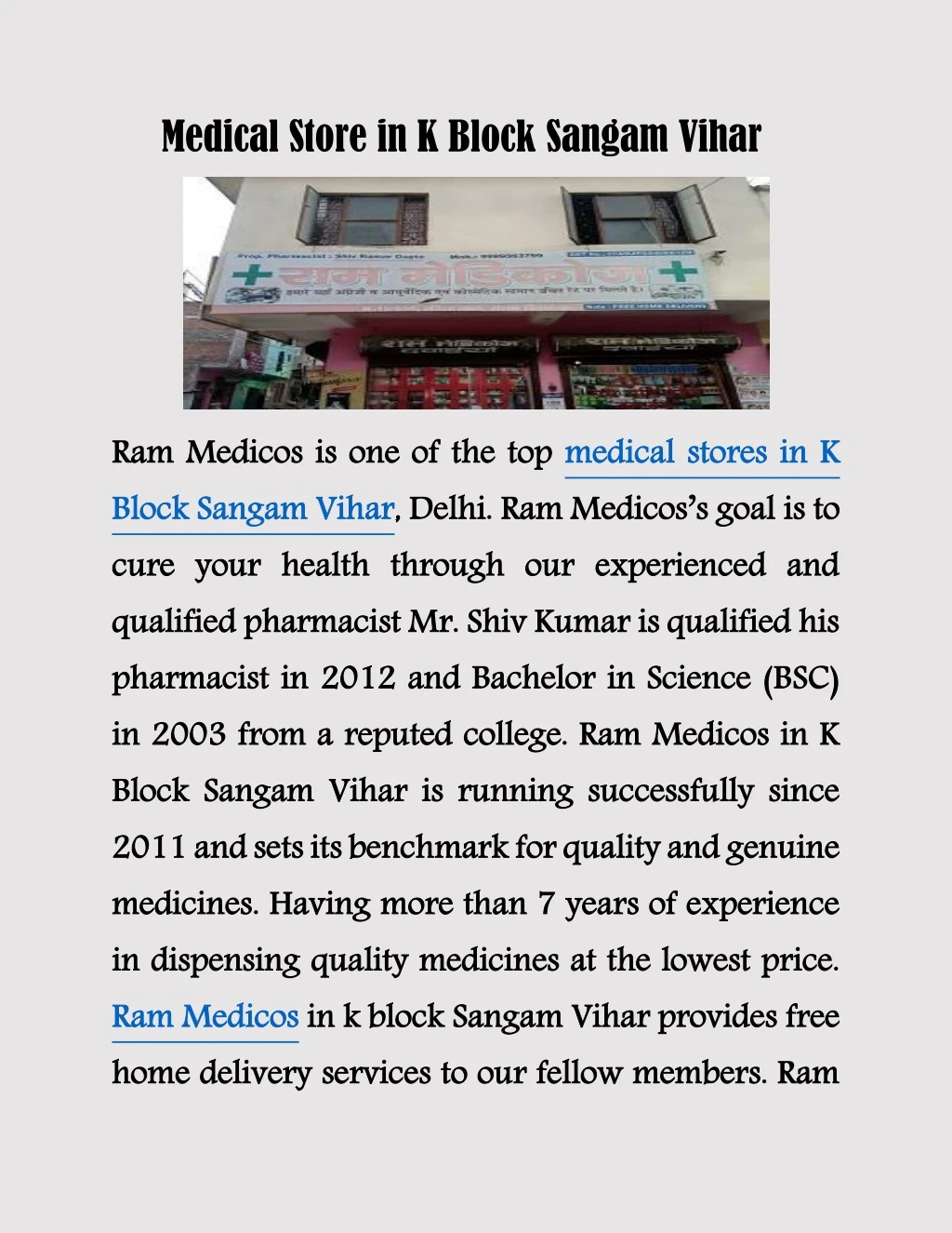 medical store in k block sangam vihar