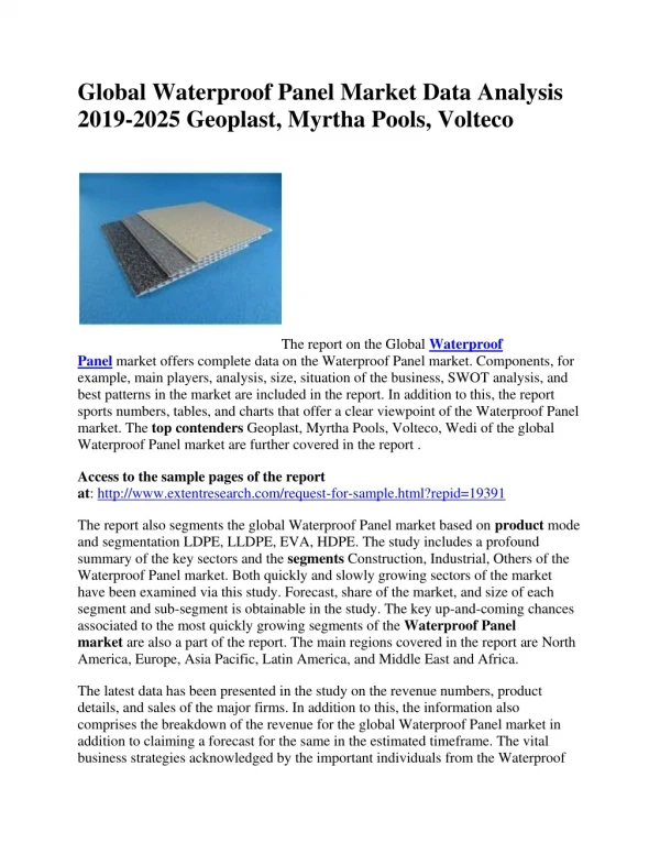 Global Waterproof Panel Market Data Analysis 2019-2025 Geoplast, Myrtha Pools, Volteco