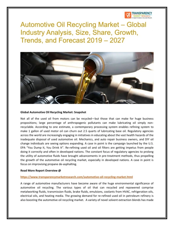 Automotive Oil Recycling Market – Global Industry Analysis, Size, Share, Growth, Trends, and Forecast 2019 – 2027