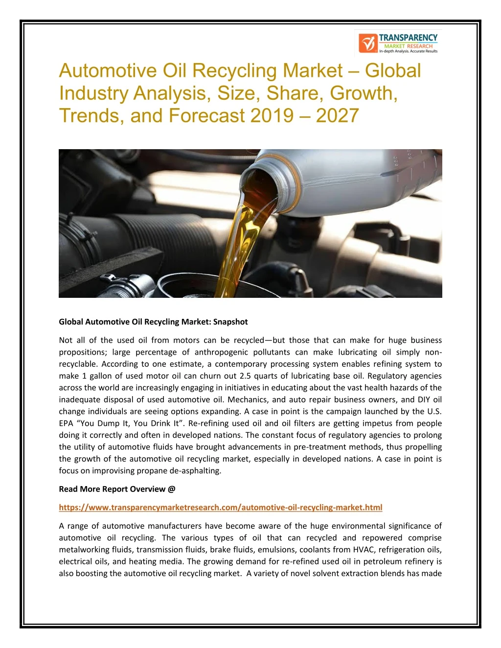 automotive oil recycling market global industry