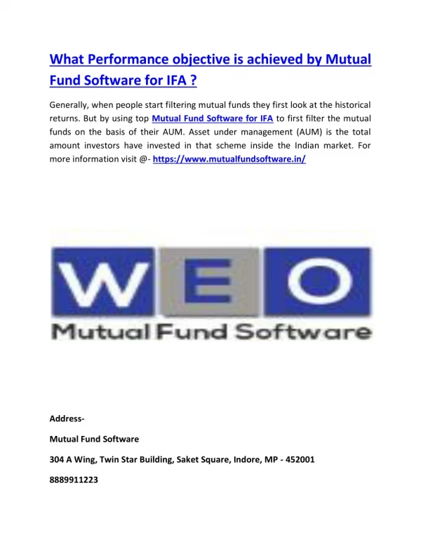 What Performance objective is achieved by Mutual Fund Software for IFA ?